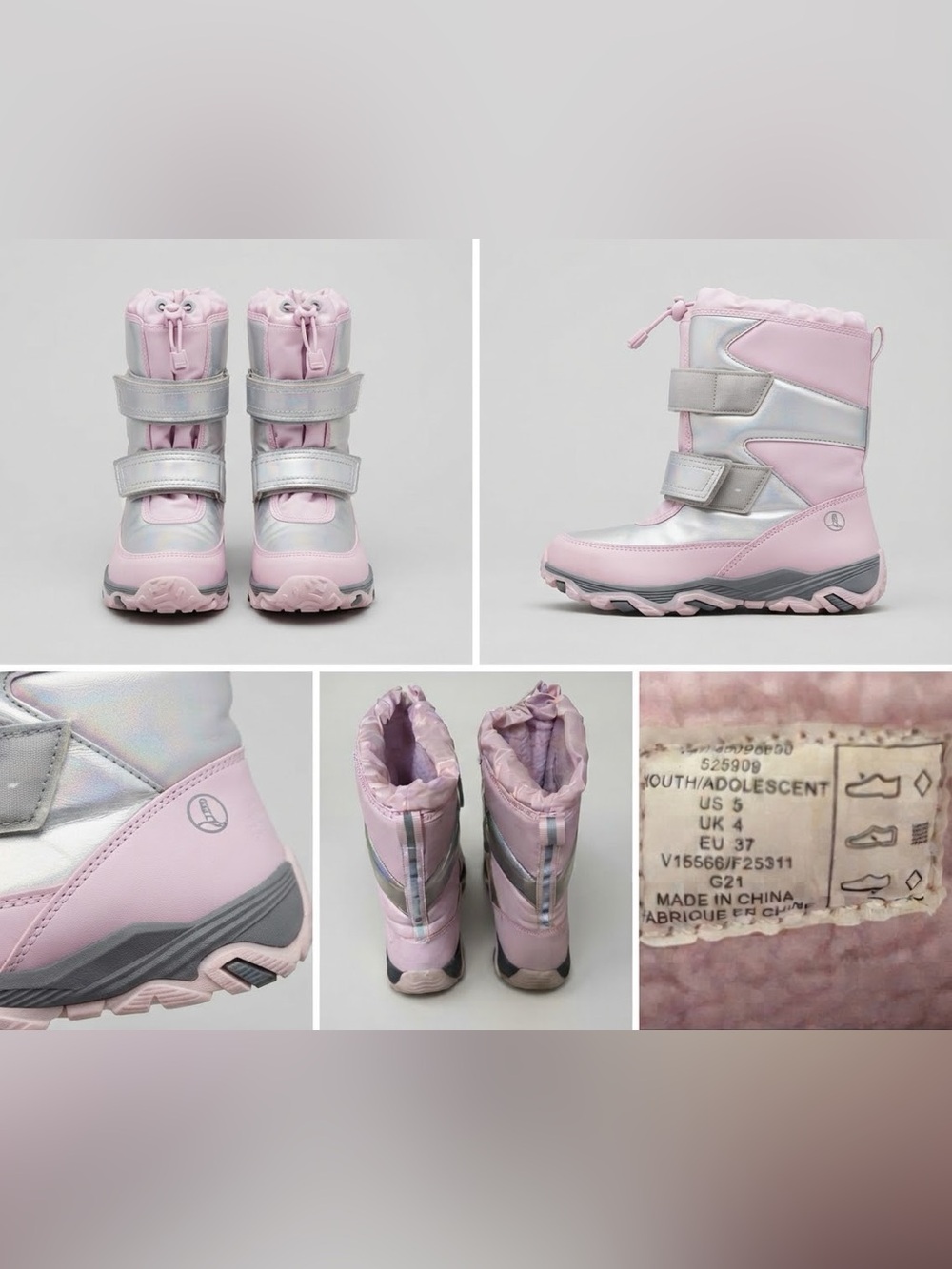 Lands' End Youth Size 5 Pink & Silver Iridescent Waterproof Snow Boots